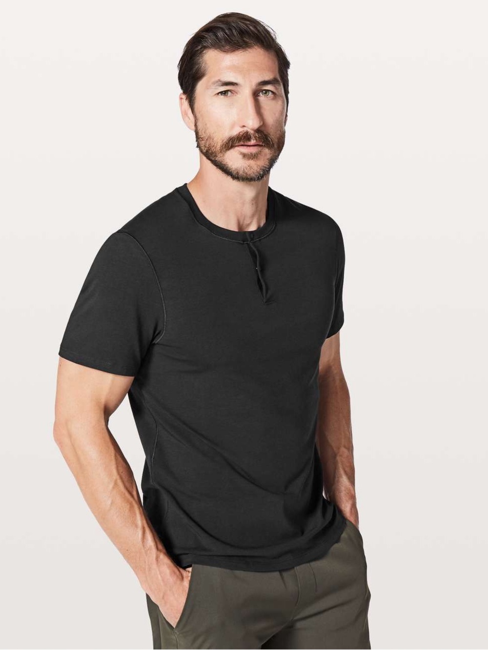 Mens Lululemon 5 Year Basic Short Sleeve Henley T Shirt Black Technical Casual